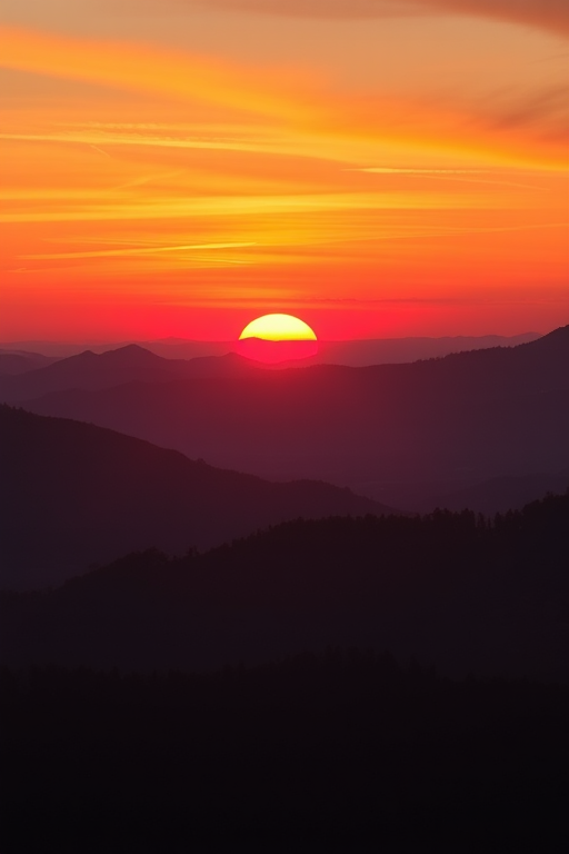 Generate a high-resolution image of a scenic sunset over a mountainous landscape, using a Canon EOS R5 with a 24-70mm f/2.8 lens, set at ISO 100, aperture f/11, shutter speed 1/125s, in landscape orientation, applying a vibrant color palette and enhanced contrast for depth.