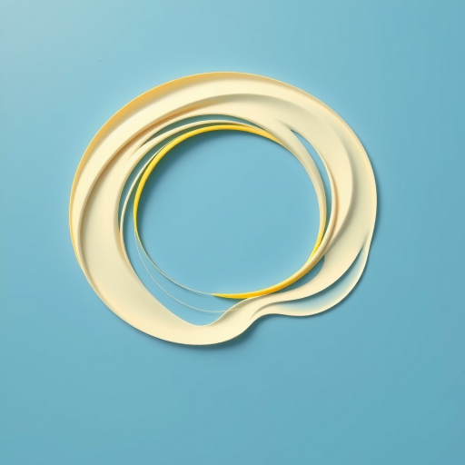 Create a minimalist abstract design featuring flowing lines in cream and a yellow sun shape on a blue background, captured with a DSLR camera at f/2.8, ISO 100, 50mm lens, top-down view, using soft natural lighting for enhanced texture and clarity.