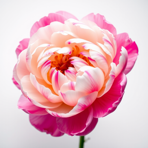 Create a hyper-realistic image of a peony flower with vibrant pink and white petals against a plain white background using a macro lens, aperture f/2.8, 100mm focal length, and a shallow depth of field for enhanced detail and softness.