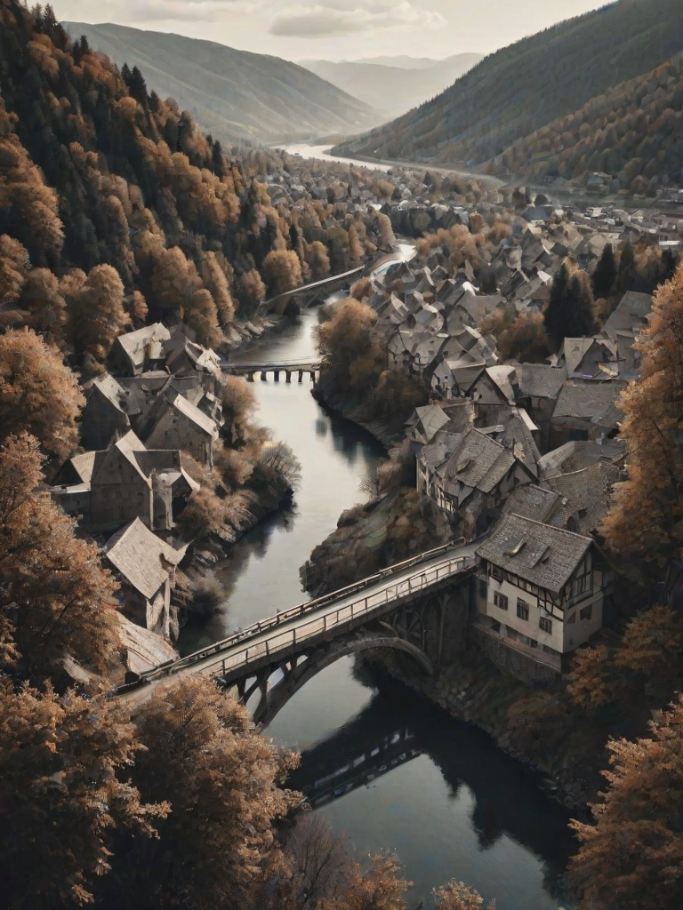 natural lighting, medieval, bridge focus, CandiBRIDGE, no humans, mountain, water, river, village, bridge, brown trees, from above, negative space, scenery, intricately detailed illustration, depth of field, atmospheric perspective, realistic shading, brown theme, monochrome, selective coloring