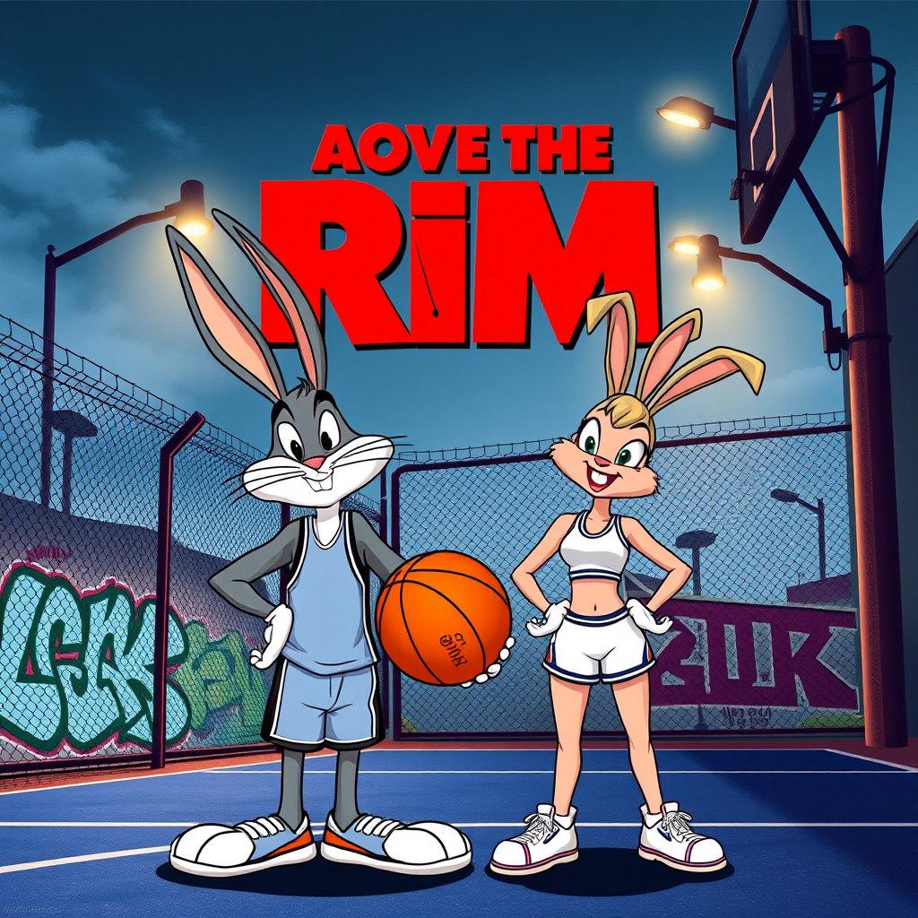 Design an Above the Rim poster featuring Bugs Bunny as Kyle and Lola Bunny as Shep. Bugs is dressed in a basketball jersey and shorts, holding a basketball with a confident expression, while Lola stands beside him in athletic gear, looking determined. The background features an urban basketball court with a wire fence, streetlights, and graffiti. The title "Above the Rim" appears in bold red letters at the top, keeping the original street basketball vibe