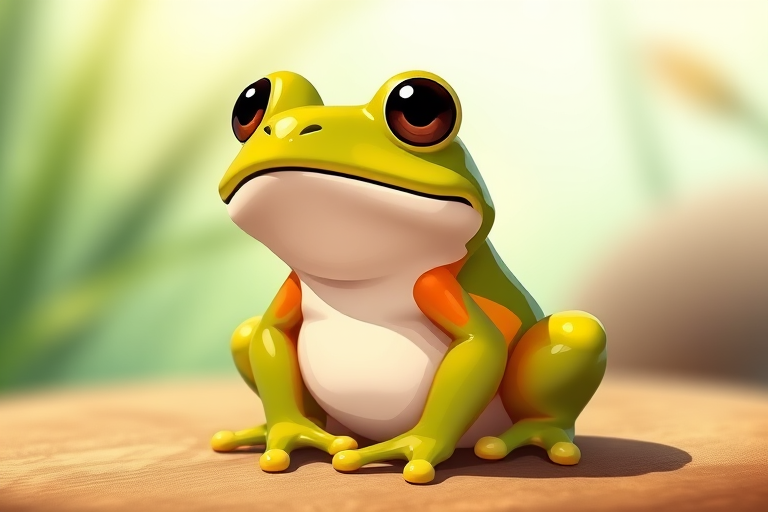 Create a high-resolution image of a cartoon-style frog sitting, using a DSLR camera with a 50mm lens, aperture f/2.8 for a shallow depth of field, daylight settings, and a slightly overhead view to enhance the vibrancy and detail of the frog's features.