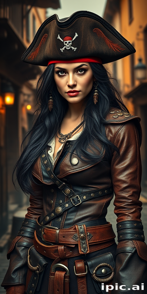 Create a portrait of a fierce female pirate. She wears a leather tricorn hat adorned with a skull and crossbones emblem, and her long, dark hair flows around her face. Her outfit consists of a richly detailed leather jacket, a corset, and multiple layers of belts and accessories, giving her a formidable and stylish appearance. She stands confidently in a dimly lit, historic port town, with a backdrop of weathered buildings and cobblestone streets, capturing the adventurous spirit of a pirate.
