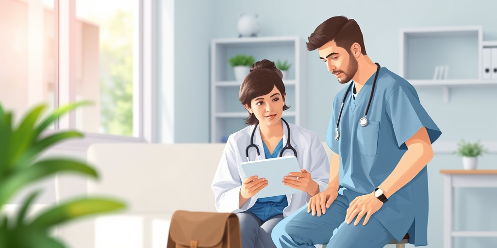 Create a high-quality illustration of a medical consultation scene with two characters discussing over a tablet, one sitting and one standing, in a healthcare setting, using a soft focus effect, with bright natural lighting, shot with a Canon EOS R5, focal length 35mm, aperture f/2.8.