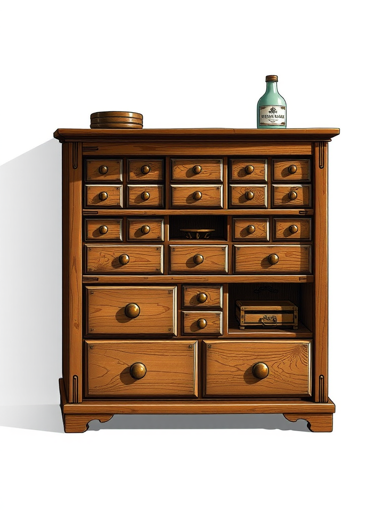 Create a detailed illustration of a vintage wooden apothecary cabinet with multiple drawers and compartments, captured from a slightly elevated angle using a DSLR camera at f/8 aperture, ISO 100, 35mm focal length, and natural soft lighting to enhance the wood texture and details.