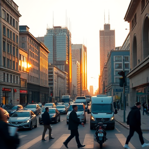 Capture a bustling city street scene in Warsaw, Poland during golden hour with a Canon EOS R5, 24mm lens, f/8 aperture, ISO 100, 1/200 sec shutter speed, focusing on the modern skyscrapers reflecting the warm light, with dynamic pedestrian and traffic movement in the foreground.
