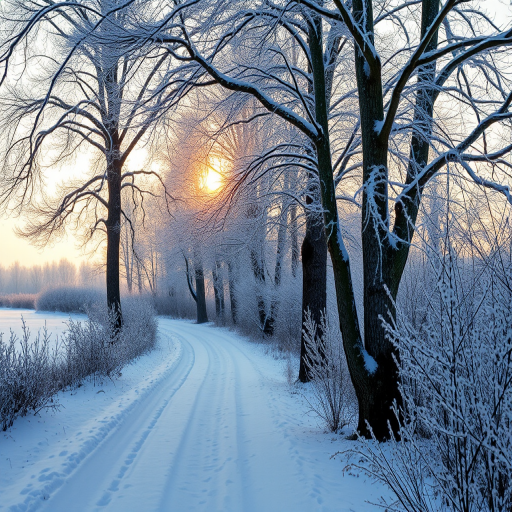 capture a winter landscape with frosted trees and a snowy path at sunrise, focus on soft natural lighting, aperture f/11, shutter speed 1/125, ISO 200, use a wide-angle lens, take a low-angle shot for depth, DSLR camera