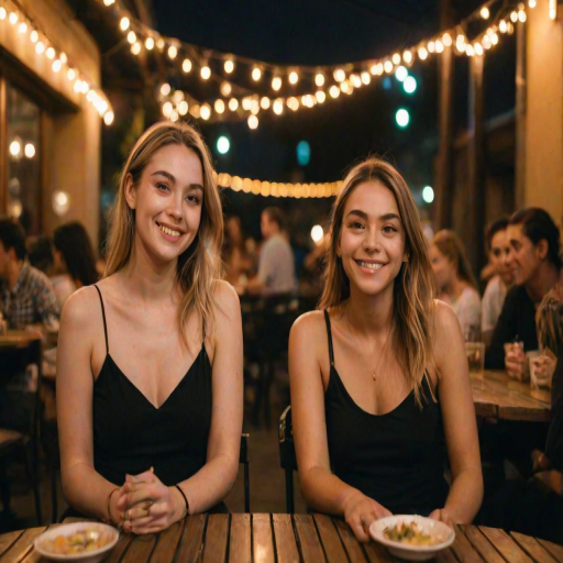 In a candid medium shot taken at an outdoor cafeduring the evening, two young women are seated close together, smiling at the camera amidst a lively social setting. The color palette is composed of warm yellow lights and dark shadows, creating a cozy and intimate atmosphere. The woman on the left has long blonde hair, loosely styled, and wears a black top, while the woman on the right has her dark hair pulled back and wears a black sleeveless top. The lighting is ambient, coming from strings of lights hanging overhead and casting a warm glow over the subjects. There is noticeable grain due to the low-light condition, and some mild motion blur from the other guests moving around in the background, which slightly detracts from the clarity of the image. The setting features lush green foliage above, strings of glowing bulbs, and blurred figures of other patrons, contributing to the bustling, relaxed evening environment