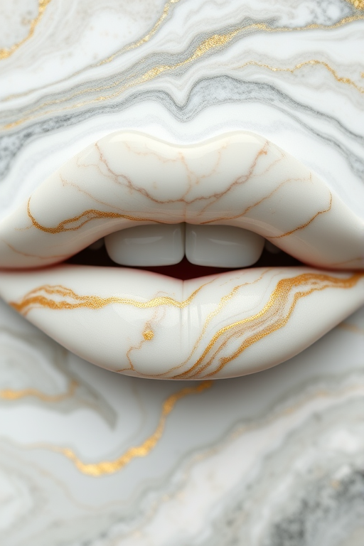Elegant marble lips with swirling patterns of white, gray, and gold, reminiscent of luxurious stone surfaces and exuding timeless sophistication