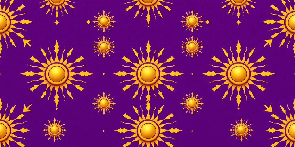 intricate repeating pattern of golden sun motifs on a rich purple background, high-resolution, 50mm lens, f/8 aperture, ISO 100, soft lighting, digital camera, top-down view
