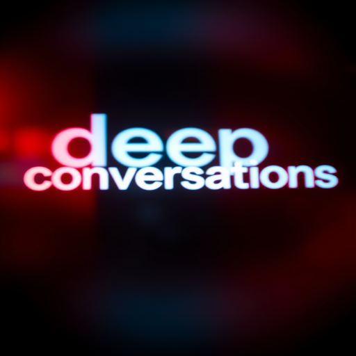 Create an abstract image featuring the phrase "deep conversations" in a distorted glow effect, utilizing soft focus with gradient colors of red, blue, and orange, shot with a DSLR camera at f/2.8, ISO 100, 35mm lens, and a cinematic style to enhance depth and vibrancy.