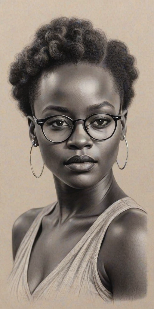 Stunning Lupita Nyong'o, pencil sketch, portrait of Resplendent woman 1921s in glasses, hair style beatnik, outline, clear lines, fine lines, 8k