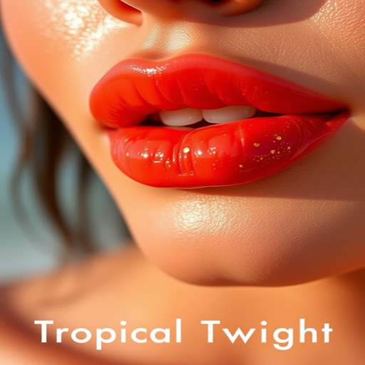 Vibrant coral sunset lips with shimmering gold flecks, called "Tropical Twilight," featuring a glossy finish and subtle ombré effect, perfect for beach-inspired makeup looks