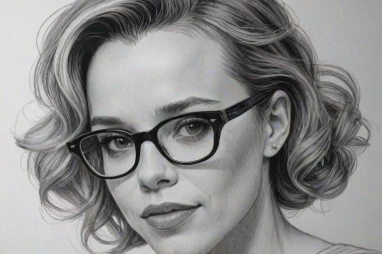 Alluring Rachel McAdams, pencil sketch, portrait of Sublime woman 1953s in glasses, hair style beatnik, outline, clear lines, fine lines, 8k
