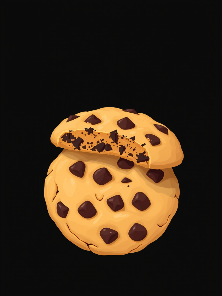 create a detailed illustration of two chocolate chip cookies with a smooth texture, against a dark background, using a DSLR camera at f/2.8, ISO 100, 1/60s, with a macro lens to enhance focus and clarity, styled in a flat lay view for a modern look.