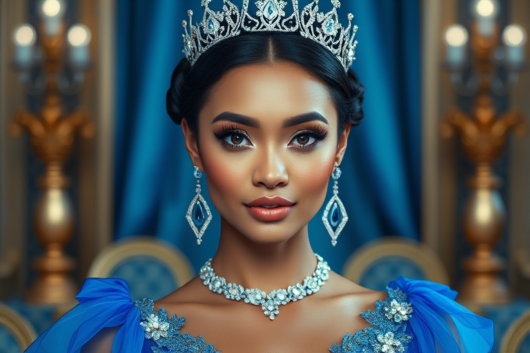 A gorgeous Samoan woman in a luxurious blue gown, accessorized with a dazzling tiara and statement earrings, her deep blue eyes highlighted by impeccable makeup, poised in a royal setting, photorealistic, 8K quality