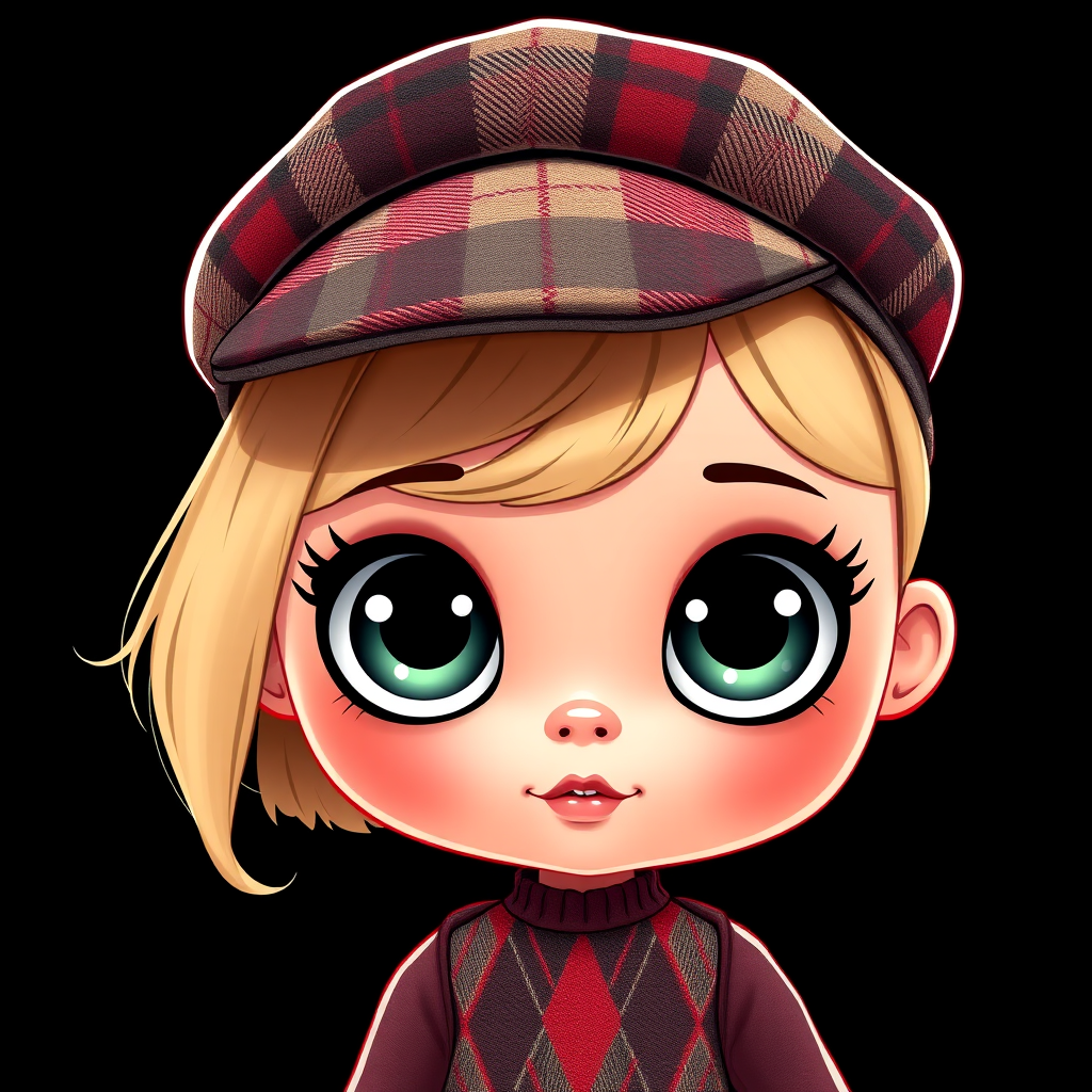 Create a high-resolution illustration of a cartoon doll character with large glossy eyes, wearing a vintage plaid cap and a diamond-patterned outfit, set against a solid black background, captured with a DSLR camera at f/2.8 aperture, ISO 100, and 50mm lens for sharp detail and vibrant color saturation.