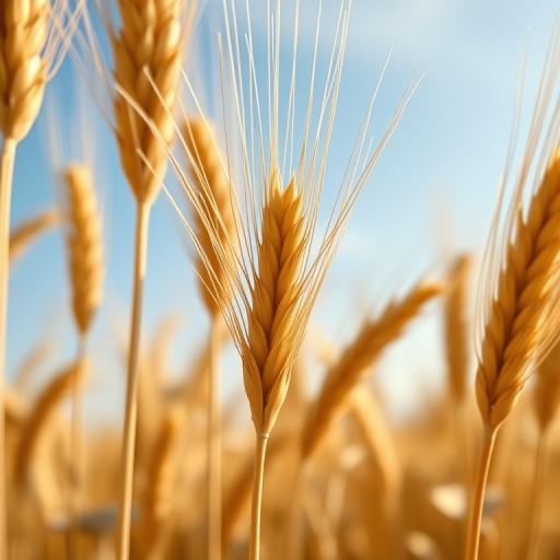 Close-up of golden wheat ears in a field with a soft blue sky background, f/2.8 aperture, ISO 100, 50mm lens, natural light, shallow depth of field, DSLR camera, vibrant colors and sharp details.