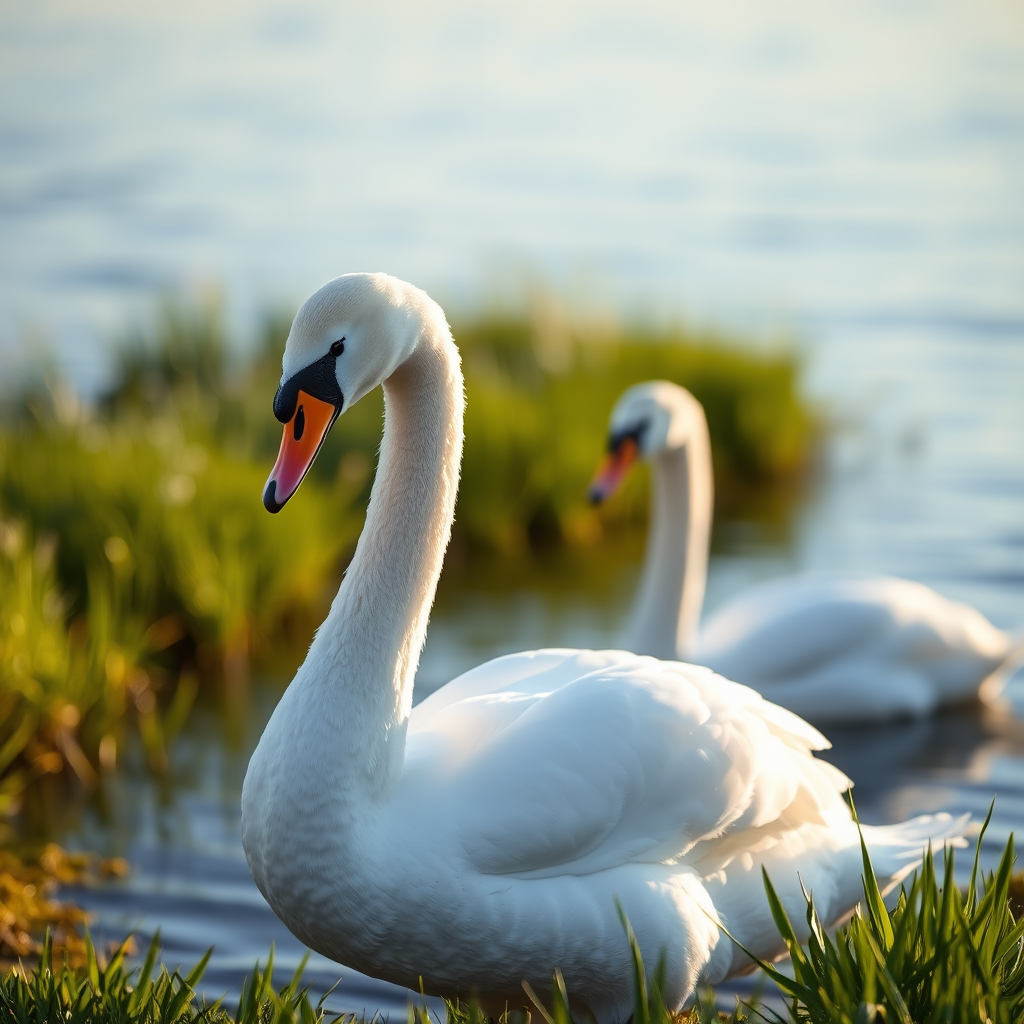 Create a serene lakeside scene featuring two swans, one in the foreground elegantly posing with its head slightly turned and the other softly blurred in the background, captured with a Canon EOS 5D Mark IV, 50mm lens, f/2.8 aperture, ISO 200, and a shallow depth of field to enhance the softness of the water and grass.