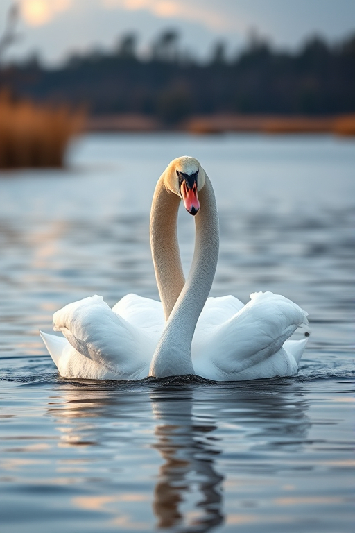 two swans gracefully intertwining in a serene lake setting, captured with a Canon EOS R5 at f/2.8, 1/1000s, ISO 200, using a telephoto lens from a low angle to create a cinematic depth of field and vibrant colors