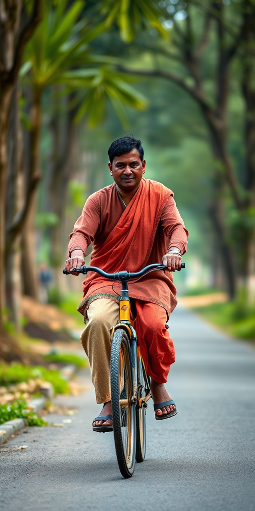 a man in traditional clothing riding a bicycle on a village road surrounded by trees with blurred background --camera settings: f/2.8, 1/200s, ISO 100 --camera view: medium shot --camera style: portrait --camera type: DSLR