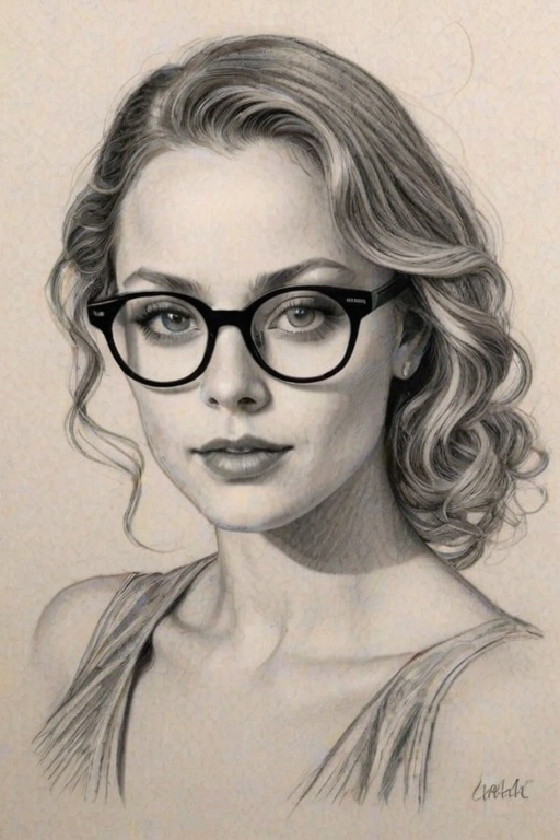 Graceful Bijou Phillips, pencil sketch, portrait of Appealing woman 1920s in glasses, hair style beatnik, outline, clear lines, fine lines, 8k