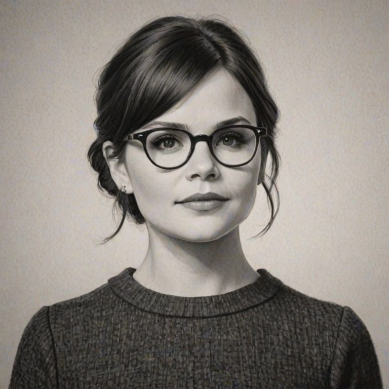 Comely Ginnifer Goodwin, pencil sketch, portrait of Resplendent woman 1964s in glasses, hair style beatnik, outline, clear lines, fine lines, 8k