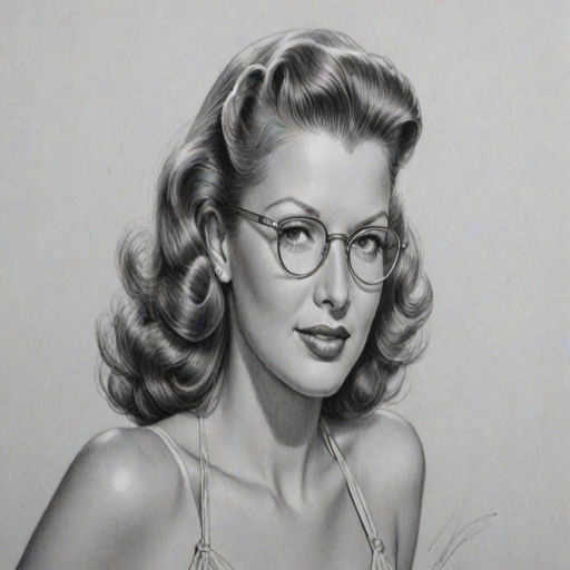 Graceful Rita Hayworth, pencil sketch, portrait of Ravishing woman 1939s in glasses, hair style beatnik, outline, clear lines, fine lines, 8k
