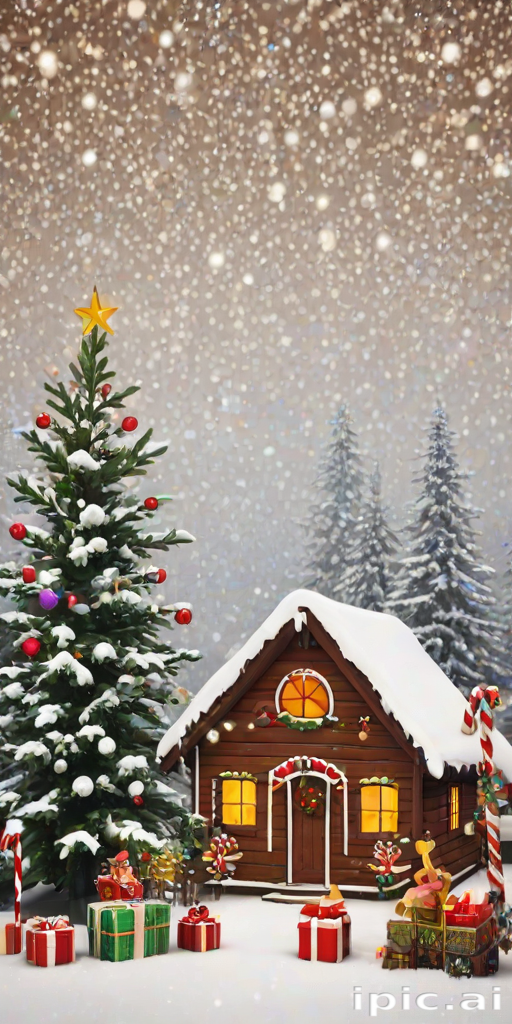 Cozy Winter Scene with Snowy Cabin, Christmas Tree, and Festive Gifts