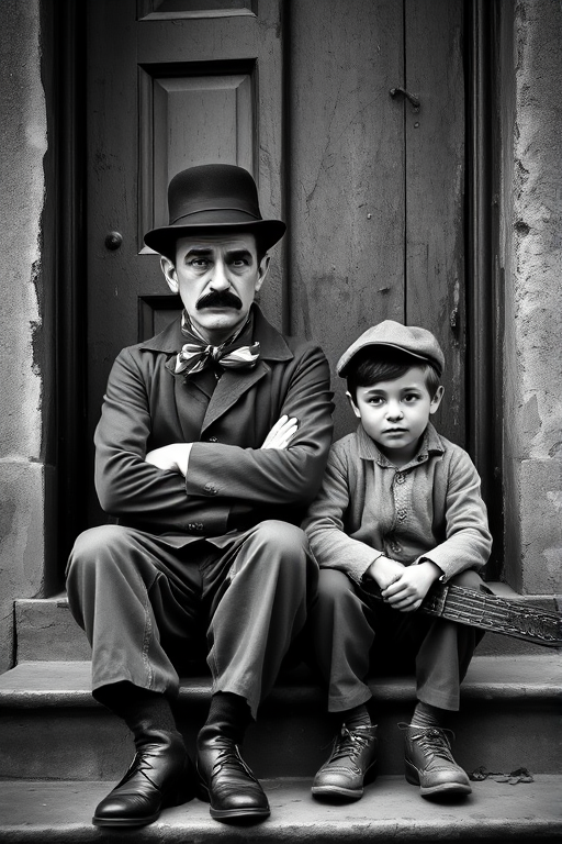 A black-and-white photograph of a man and a child sitting on steps in front of a doorway. The man is dressed as a tramp with a bowler hat, mustache, and ragged clothes, reminiscent of Charlie Chaplin's iconic look. He is sitting with his arms crossed and an expression of slight sadness or frustration. Next to him is a young boy, also in worn clothes and a cap, sitting with his hands clasped, looking thoughtful. The background is an old, textured wall and a partially open door, creating a vintage, early 20th-century atmosphere.