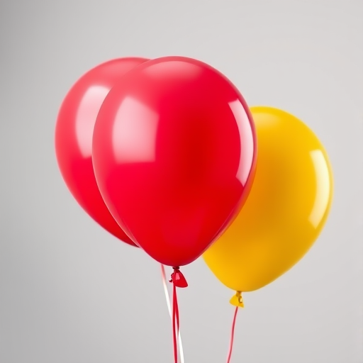 Create a high-resolution digital illustration of three balloons in vibrant red, blue, and yellow, featuring a glossy surface with reflections, set against a transparent background, captured with a Canon EOS 5D Mark IV, 85mm lens, aperture f/2.8, ISO 100, and a soft focus style.