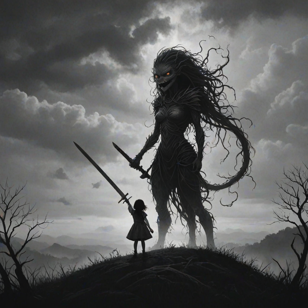 Fight your fears illustration of black and white minimalist of a little girl standing on a hill, raising a sword in hand, she is facing a large menacing creature with large head, sharp teeth and sharp claws, its body is made of vines and roots. The background is a cloudy sky with a hint of smoke or fog. The overall mood of the image is dark and eerie.