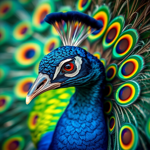 Create a vibrant illustration of a peacock with an intricate feather pattern, use a soft-focus lens with a shallow depth of field, set the aperture to f/2.8, shoot from a low angle, use a full-frame DSLR camera, and enhance colors in post-processing for a vivid finish.
