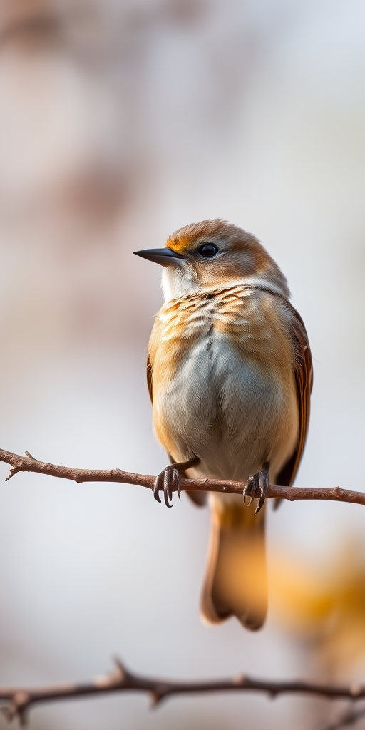 close-up of a bird perched on a branch with a blurred background, soft natural lighting, aperture f/2.8, shutter speed 1/250s, ISO 200, mounted on a DSLR camera, 85mm lens, shallow depth of field, taken from a low angle to emphasize the bird and its surroundings