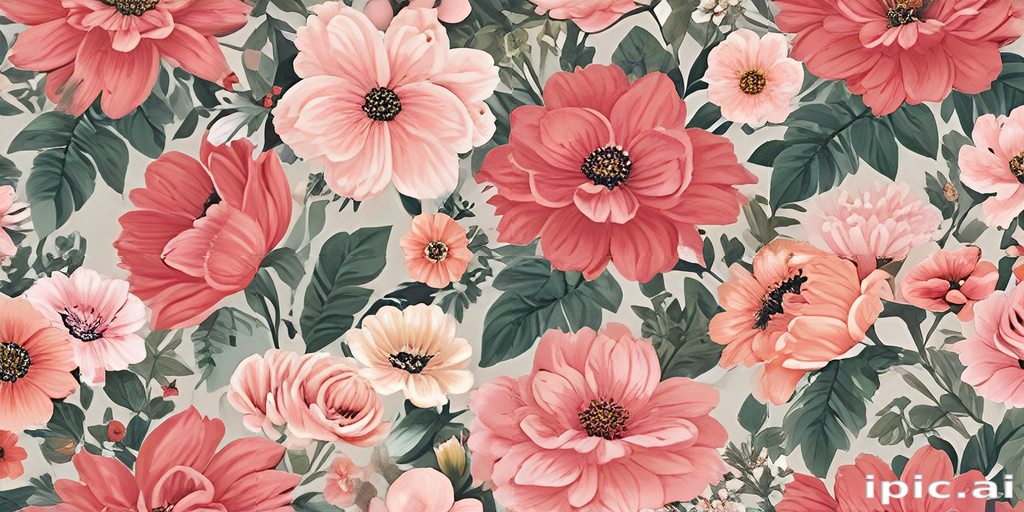 Vibrant Floral Pattern Featuring Various Colorful Blooms and Lush Greenery