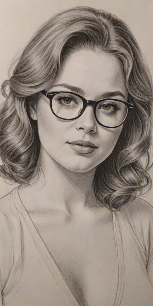 Enticing Kether Donohue, pencil sketch, portrait of Gorgeous woman 1976s in glasses, hair style beatnik, outline, clear lines, fine lines, 8k