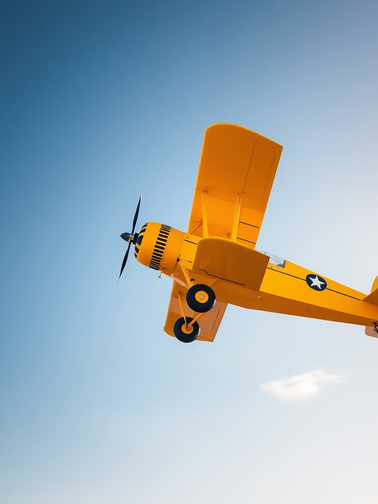 Regenerate an image of a bright yellow biplane in a clear sky, captured with a DSLR camera at f/2.8, ISO 100, 1/1000 sec shutter speed, using a wide-angle lens from a low angle view to emphasize the aircraft's details and surroundings.