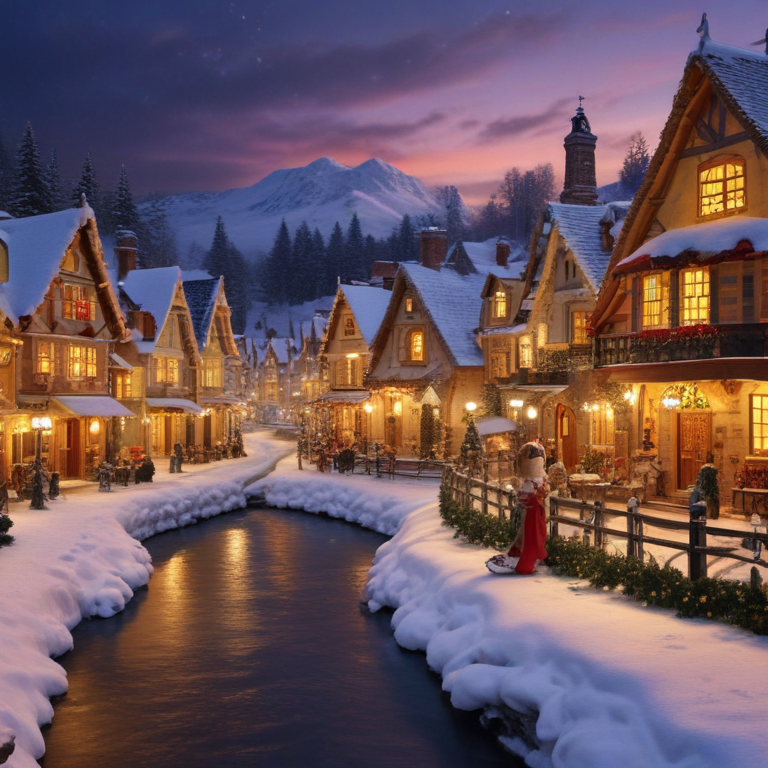 Enchanting Winter Village Scene with Snow-Covered Houses and Sparkling ...
