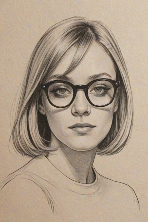 Superb Chlo' Sevigny, pencil sketch, portrait of Graceful woman 1960s in glasses, hair style beatnik, outline, clear lines, fine lines, 8k