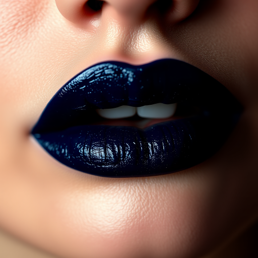 Sensual woman lips featuring a deep navy blue lipstick with subtle silver shimmer, mysterious and captivating, sharply defined and bold