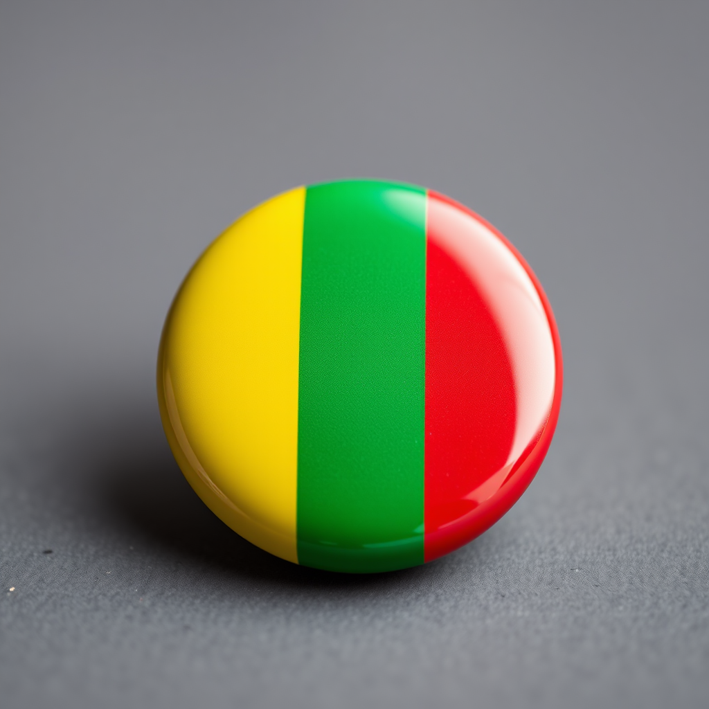 Create a high-resolution image of a glossy button featuring the flag of Mali with vibrant green, yellow, and red stripes, using a Canon EOS 5D Mark IV camera, 50mm lens, f/1.8 aperture, ISO 100, and natural lighting from a frontal view to enhance details and colors.
