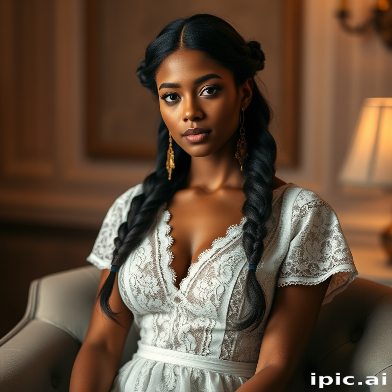 Create a portrait of a refined and elegant woman seated in a sophisticated setting. She has long, wavy hair styled in two thick braids that are pulled over her shoulders. She wears a white, lace gown with intricate patterns, featuring a deep V-neckline and short sleeves. The dress exudes a vintage charm with its delicate lacework. She is adorned with ornate, dangling earrings that add a touch of glamour to her appearance. The background is softly lit, with warm, ambient lighting that creates a cozy and inviting atmosphere. Her expression is poised and serene, capturing a sense of grace and elegance.
