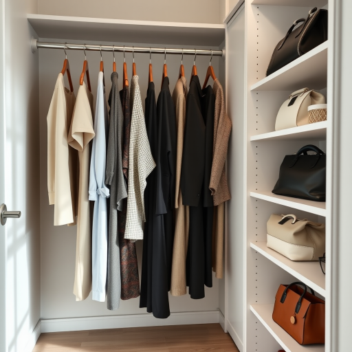 modern minimalist closet organization with a variety of clothing neatly hung on a rack, stylish bags placed on shelves, soft natural lighting, shallow depth of field, 50mm lens, f/2.8 aperture, ISO 200, DSLR camera, high-resolution image