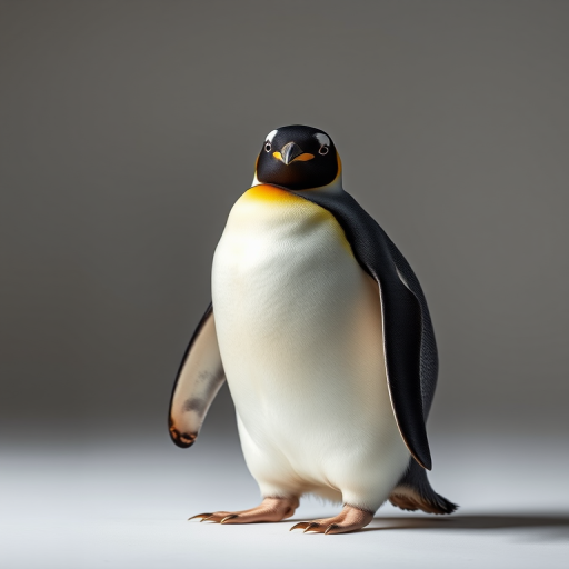 Create a high-resolution image of a standing emperor penguin, captured with a 50mm lens at f/2.8, ISO 100, under soft natural lighting, in a studio setting for enhanced clarity and detail.