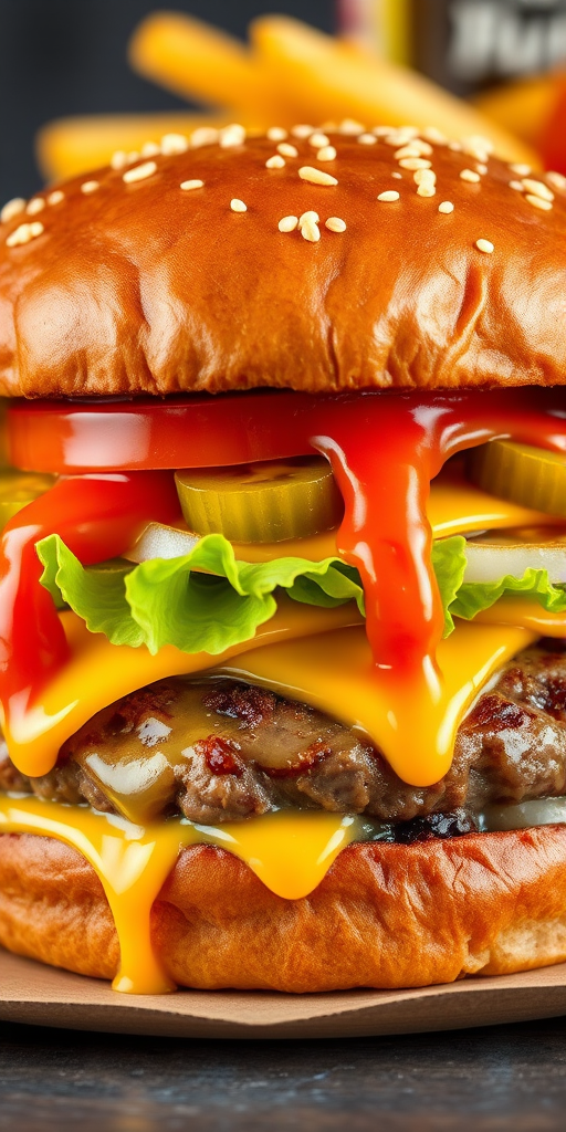 High-resolution, close-up image of a gourmet double cheeseburger. The burger features a glossy, sesame-seed-topped brioche bun. Inside, there are two thick, juicy beef patties, each topped with melted cheddar cheese. The burger is garnished with fresh lettuce, tomato slices, diced onions, and pickles. A generous amount of ketchup and a creamy, orange-colored sauce is dripping down the sides, adding to the mouth-watering appeal. In the background, there are blurred elements including a side of golden French fries and a hint of a beverage, enhancing the overall presentation of a delicious meal.