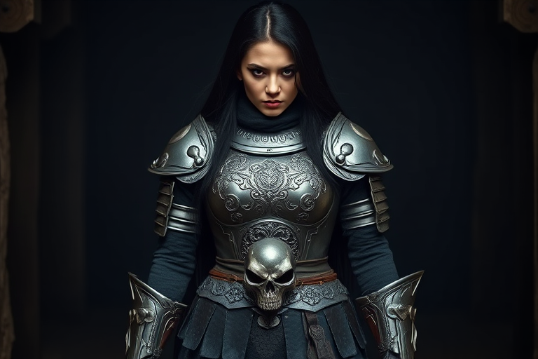 Create a photo of a fierce Kazakh female warrior with long black hair, wearing an ornate, metallic armor. The armor includes a breastplate with intricate designs, shoulder guards, and gauntlets. The breastplate is decorated with a central emblem, possibly representing a mythical symbol, and has a sculpted, form-fitting design. She wears a belt with a large skull ornament at the center, and her armor extends into a partial skirt, revealing one leg. The overall look is both protective and stylish, with a dark, gothic aesthetic. The background is dimly lit, suggesting a medieval or fantasy setting, enhancing the warrior's imposing presence and intense expression.
