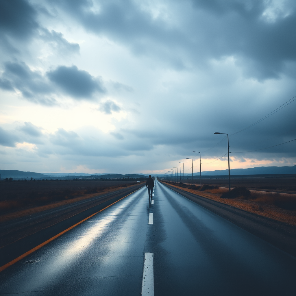 Generate a watercolor painting of a solitary figure walking down an empty road under a cloudy sky, with an emphasis on soft gradients and reflections on the wet pavement, using a Nikon D850 with a 50mm lens, f/2.8 aperture, ISO 200, and a wide-angle view to capture the expansive landscape.