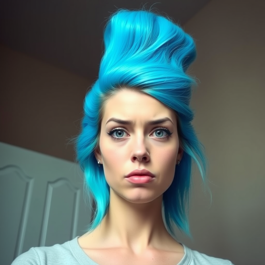 Image of a woman with their hair styled upright,  in a cylinder shape. The hair  color is neon blue and appears to be held in place by a hair product, giving it a fluffy texture. The background is nondescript, and the person's face is looking at the viewer nervously.