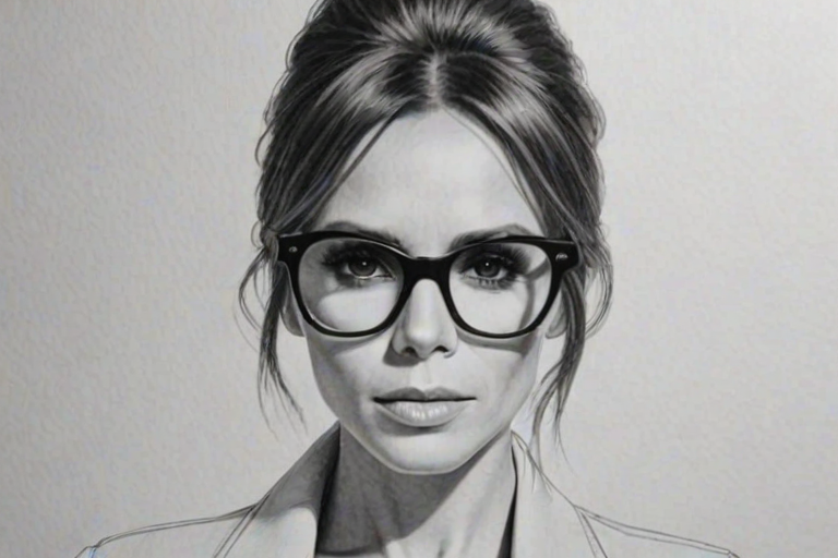 Delightful Victoria Beckham, pencil sketch, portrait of Ravishing woman 1973s in glasses, hair style beatnik, outline, clear lines, fine lines, 8k