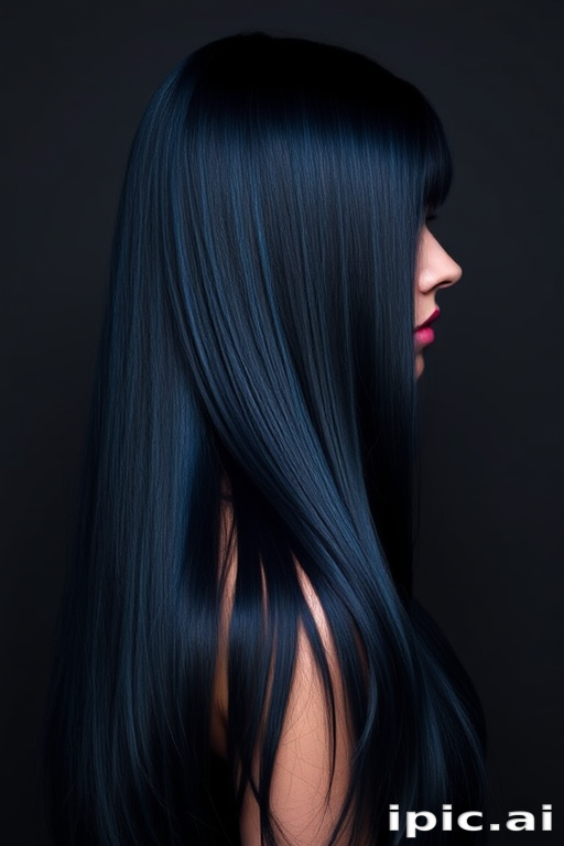 Enigmatic silhouette features Midnight Sapphire long hair, deep navy blue base with subtle lighter blue highlights, styled in sleek straight strands with an ultra-shiny finish